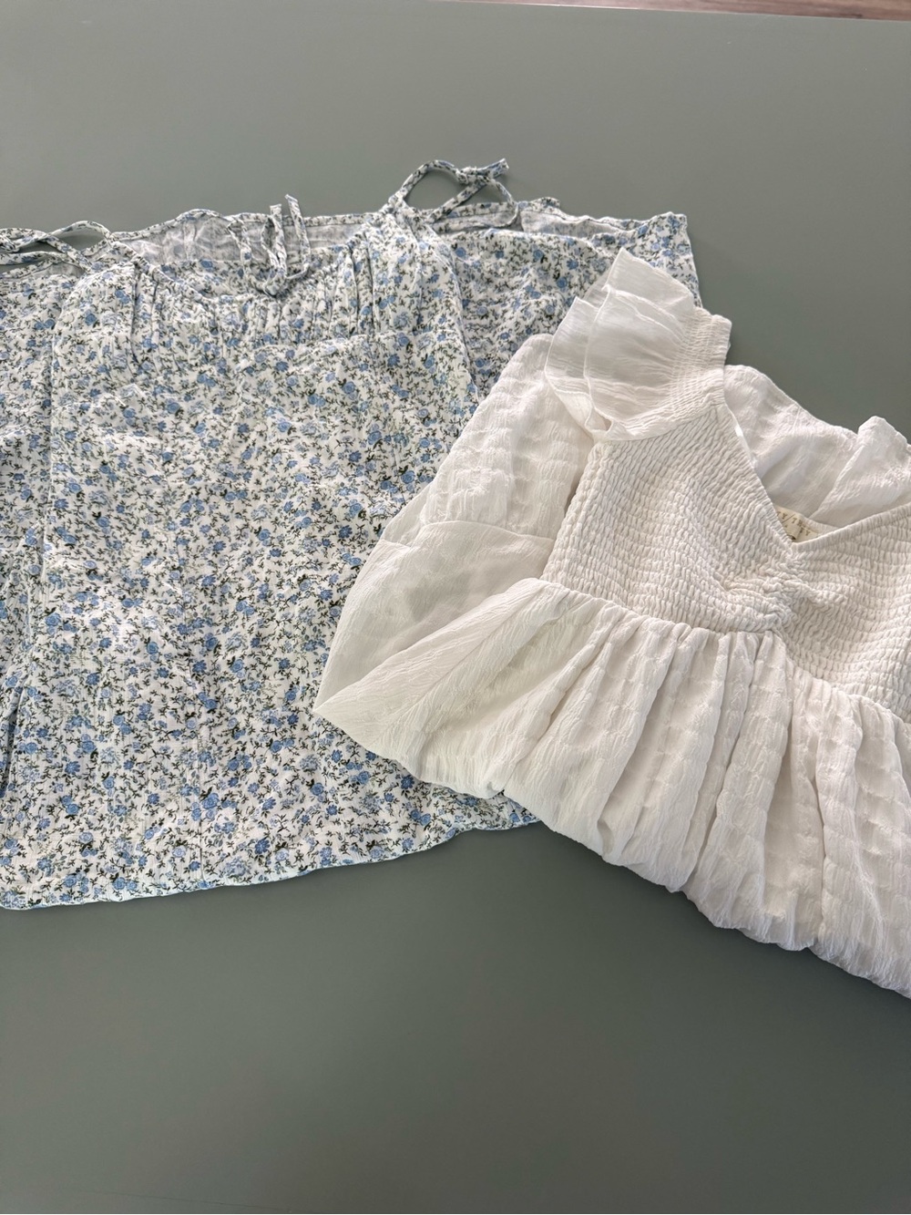 2 Dresses, Blue floral Midi and White Mini